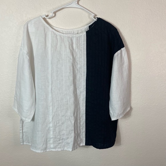 peck&peck Color Block Linen Short Sleeve Blouse size L Black White Boxy - Picture 3 of 7